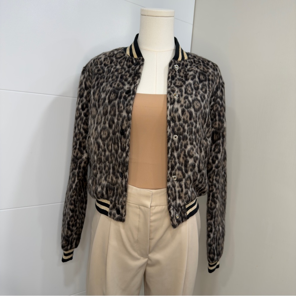 R13 Wool Blend Leopard Print Bomber Jacket - Size Small